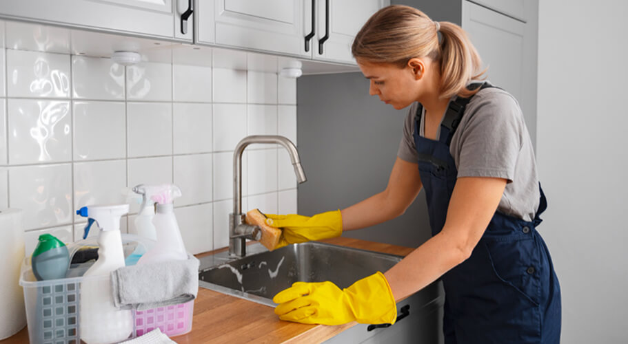 Kitchen benchtop and splashback cleaned to exit-inspection standard