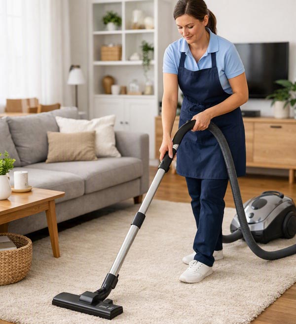 Cleaner working through a home with cleaning supplies